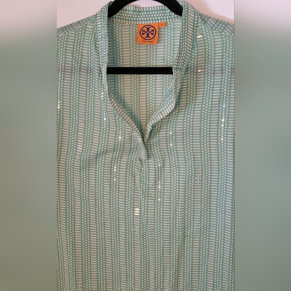 TORY BURCH Stephanie Green Sequin V-Neck Long Sleeve Cotton Tunic Blouse Size 6 - Picture 4 of 14